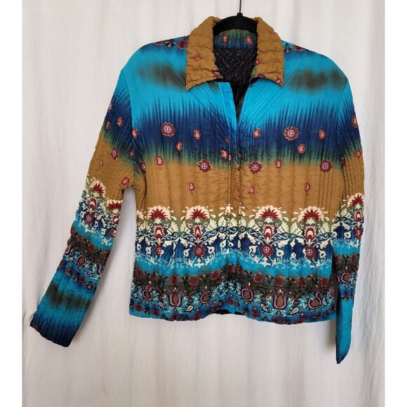 UBU Womens Size S Blue Print Lightweight Crinkle Popcorn Stretch Travel Jacket - Picture 2 of 12